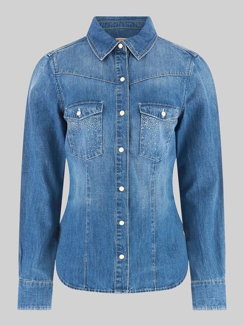Guess Eco Equity Rhinestone Pocket Denim Shirt Albastri | GUESS-SN27589