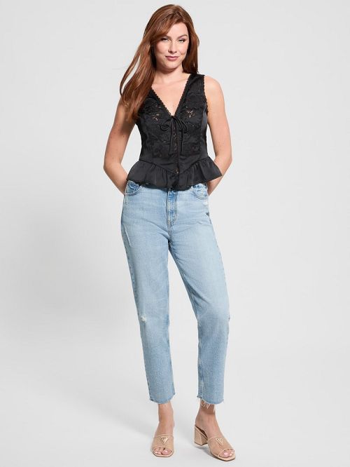 Guess Eco Gia Satin Lace Top Negrii | GUESS-SN27270