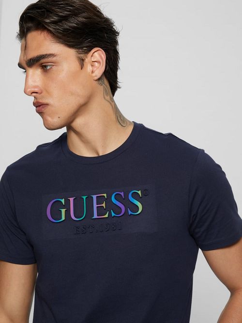 Guess Eco Iridescent Signature Tee Albastri | GUESS-SN30662
