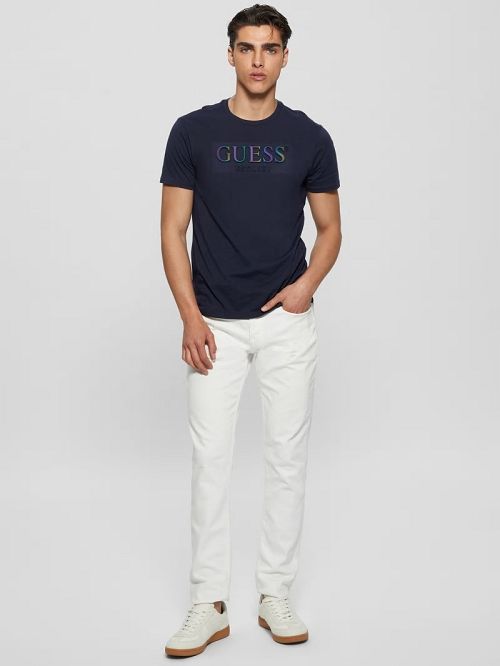 Guess Eco Iridescent Signature Tee Albastri | GUESS-SN30662