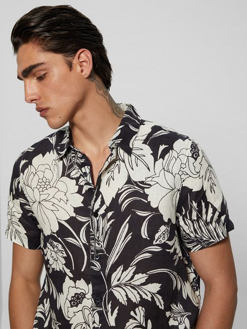 Guess Eco Island Linen Shirt Negrii Albi | GUESS-SN31235