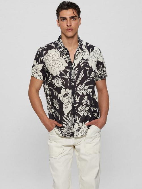 Guess Eco Island Linen Shirt Negrii Albi | GUESS-SN31235