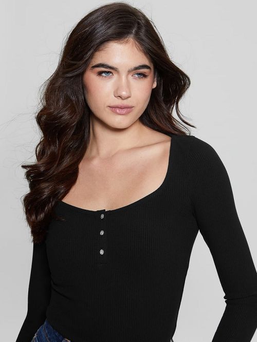Guess Eco Karlee Long-Sleeve Henley Negrii | GUESS-SN27162