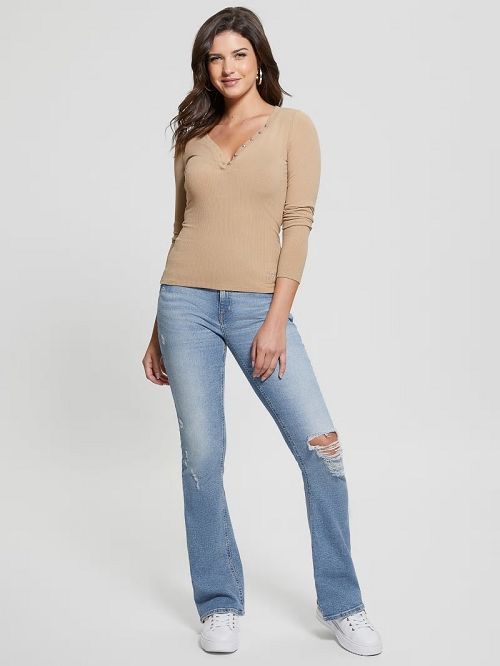 Guess Eco Kyla Rib Henley Tee Bej | GUESS-SN27510