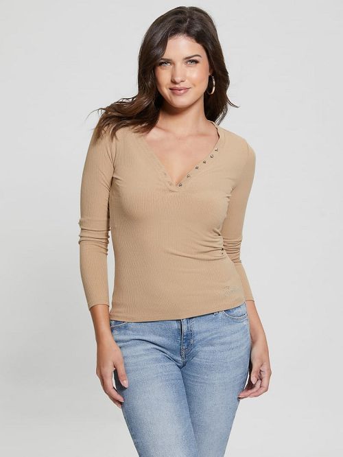 Guess Eco Kyla Rib Henley Tee Bej | GUESS-SN27510