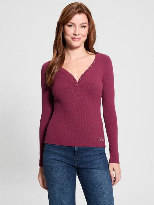 Guess Eco Kyla Rib Henley Tee Rosii | GUESS-SN27443