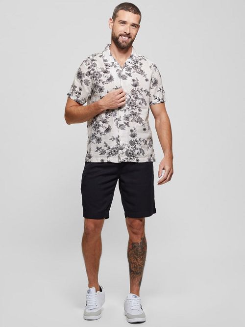 Guess Eco Linen Freehand Floral Shirt Negrii Albi | GUESS-SN31215