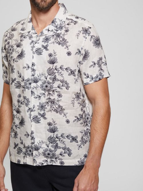 Guess Eco Linen Freehand Floral Shirt Negrii Albi | GUESS-SN31215