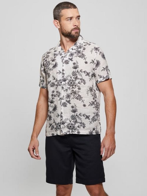 Guess Eco Linen Freehand Floral Shirt Negrii Albi | GUESS-SN31215