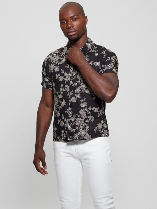 Guess Eco Linen Freehand Floral Shirt Negrii Albi | GUESS-SN31257