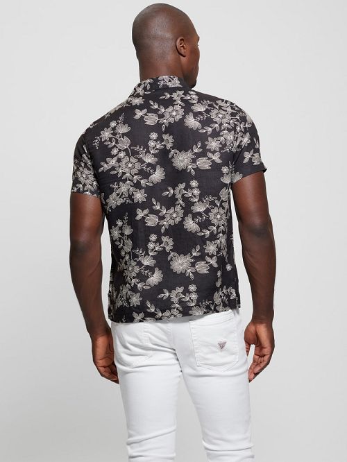 Guess Eco Linen Freehand Floral Shirt Negrii Albi | GUESS-SN31257