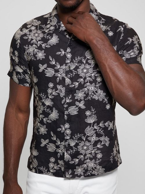 Guess Eco Linen Freehand Floral Shirt Negrii Albi | GUESS-SN31257