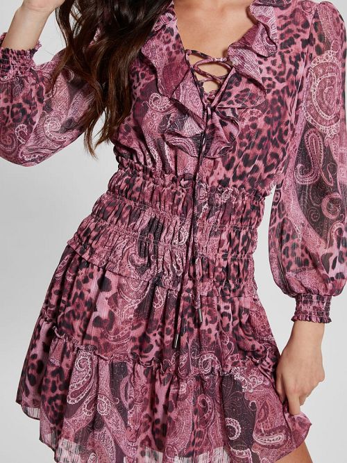 Guess Eco Lucy Lace-Up Flared Dress Violet | GUESS-SN26891