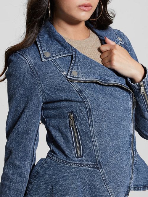 Guess Eco Mac Denim Peplum Moto Jacket Albastri | GUESS-SN26696