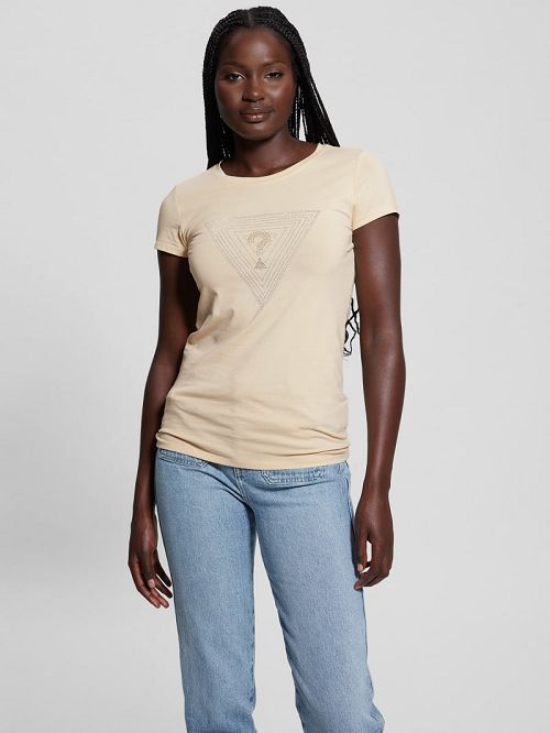Guess Eco Maze Rhinestone Triangle Logo Tee Bej | GUESS-SN27615
