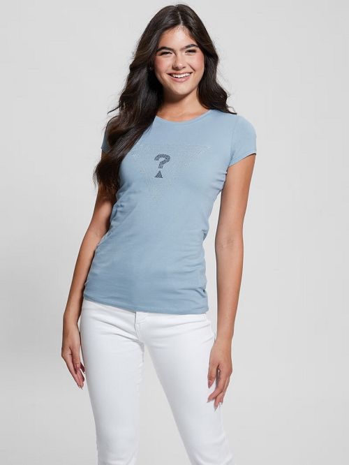 Guess Eco Maze Rhinestone Triangle Logo Tee Albastri | GUESS-SN27618