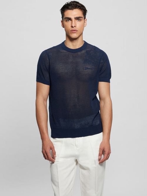 Guess Eco Mesh Lenny Crewneck Tee Albastri | GUESS-SN30627