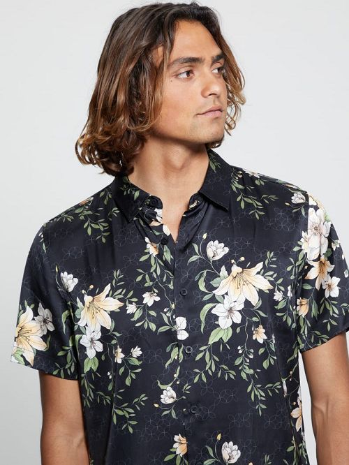 Guess Eco Midnight Lily Shirt Negrii Albi | GUESS-SN31283