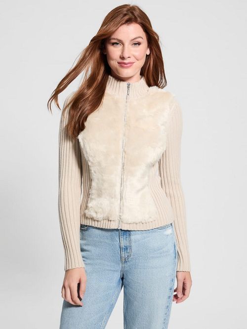 Guess Eco Mila Faux-Fur Zipped Cardigan Albi | GUESS-SN27828