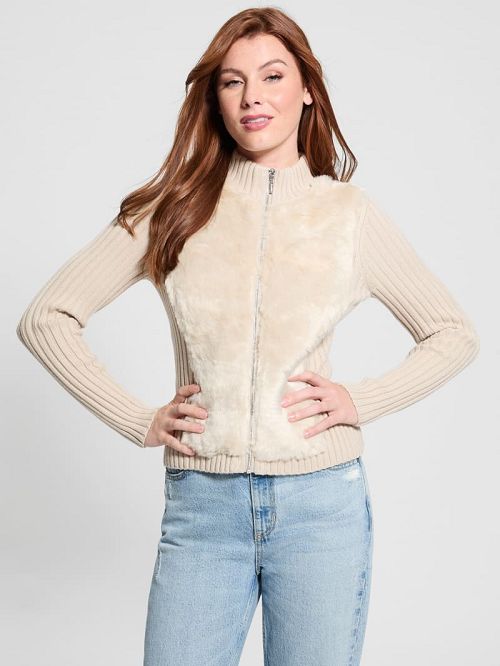 Guess Eco Mila Faux-Fur Zipped Cardigan Albi | GUESS-SN28032