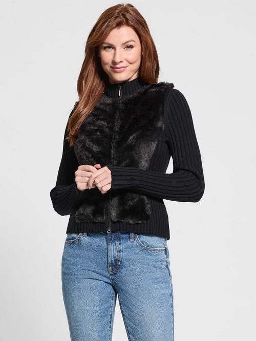 Guess Eco Mila Faux-Fur Zipped Cardigan Negrii | GUESS-SN27996