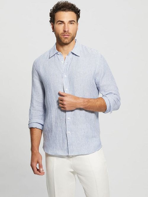 Guess Eco Nautical Striped Linen Shirt Albastri | GUESS-SN31102