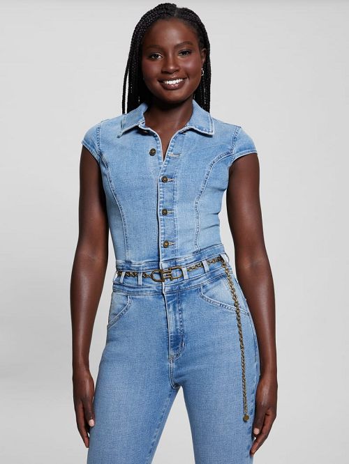 Guess Eco Nova Belted Denim Jumpsuit Albastri | GUESS-SN26690