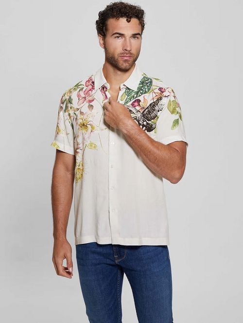 Guess Eco Rayon Floral Hawk Shirt Albi | GUESS-SN31326
