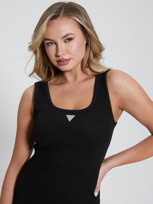 Guess Eco Ribbed Knit Logo Tank Dress Negrii | GUESS-SN26919