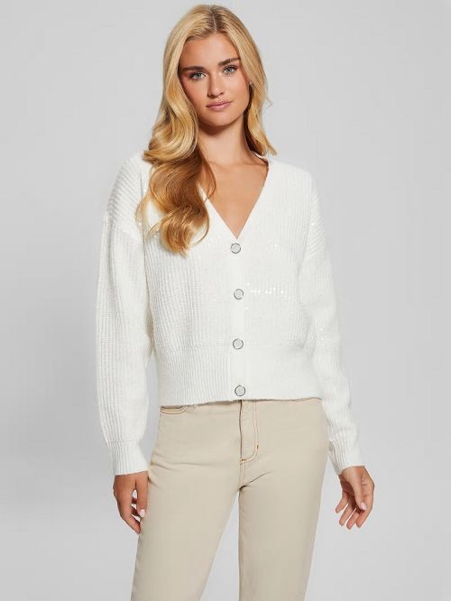 Guess Eco Riley Sequin Cardigan Albi | GUESS-SN27255