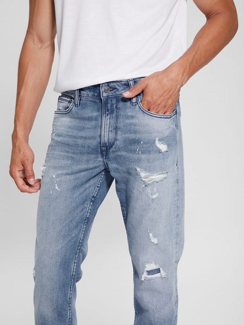 Guess Eco Rip-and-Repair Tapered Jeans Albastri | GUESS-SN30371