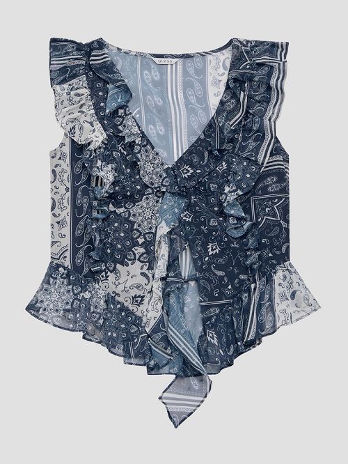 Guess Eco Rossella Ruffled Top Albastri | GUESS-SN27096