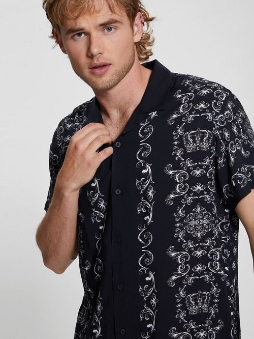 Guess Eco Royal Scroll Shirt Negrii Albi | GUESS-SN31198
