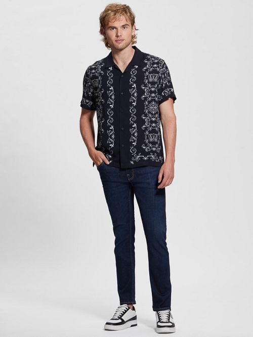 Guess Eco Royal Scroll Shirt Negrii Albi | GUESS-SN31198