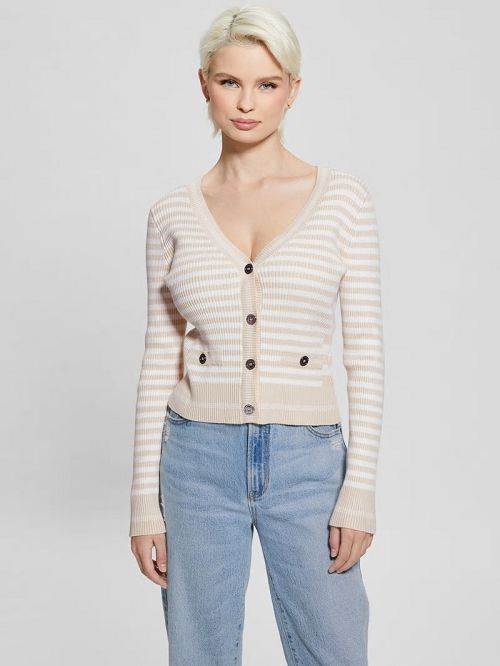 Guess Eco Stripe Ribbed Cardigan Albi | GUESS-SN27659