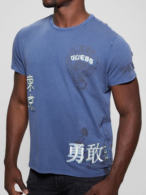 Guess Eco Tokyo Stamps Tee Albastri | GUESS-SN30472