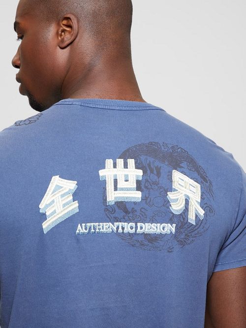Guess Eco Tokyo Stamps Tee Albastri | GUESS-SN30472