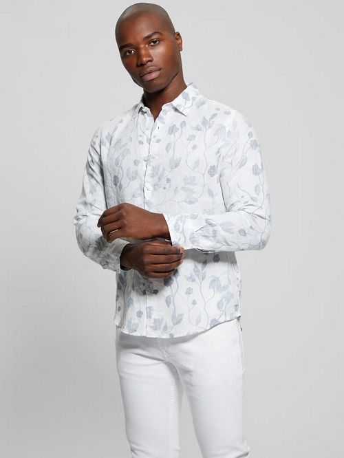 Guess Eco Watercolor Vines Linen Shirt Albastri | GUESS-SN31246