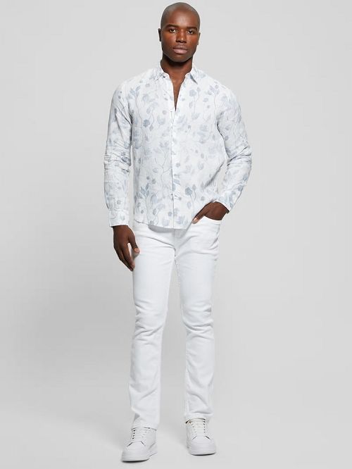 Guess Eco Watercolor Vines Linen Shirt Albastri | GUESS-SN31246