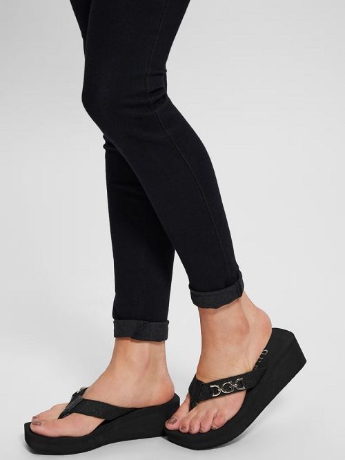 Guess Edany Denim G Buckle Wedge Sandals Negrii | GUESS-SN29712