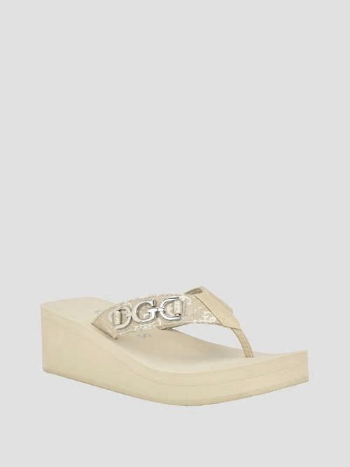 Guess Edany Denim G Buckle Wedge Sandals Bej | GUESS-SN29729