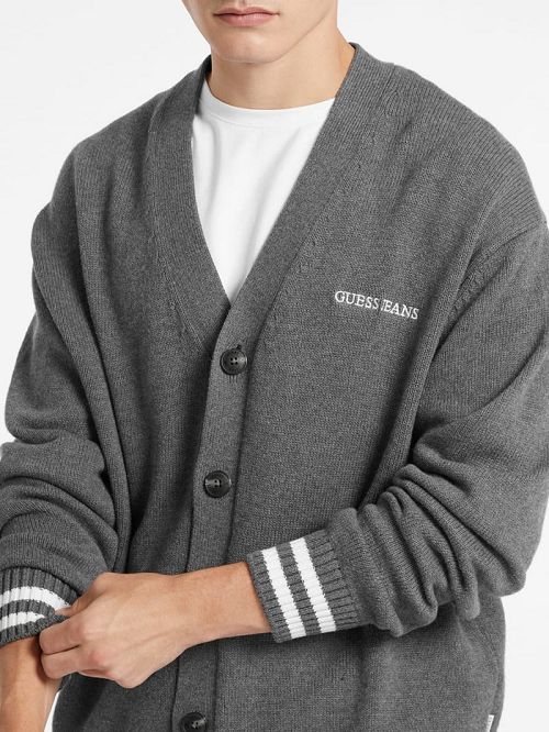 Guess Embroidered Logo Varsity Cardigan Gri | GUESS-SN31000