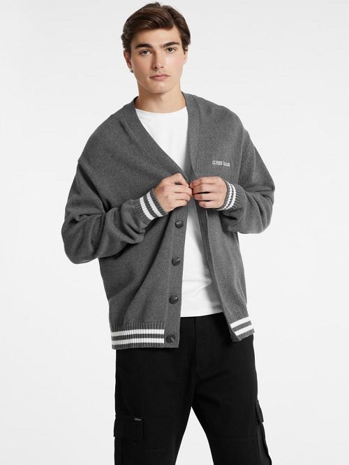 Guess Embroidered Logo Varsity Cardigan Gri | GUESS-SN31000