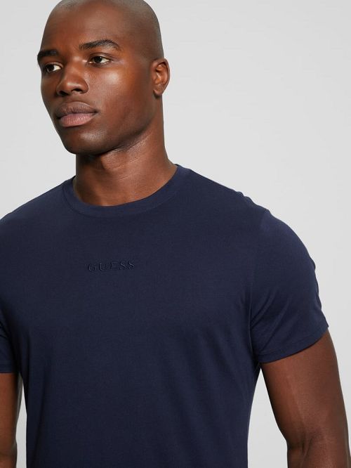 Guess Embroidered Signature Tee Albastri | GUESS-SN30683