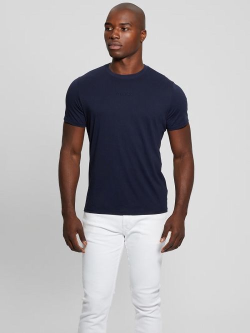 Guess Embroidered Signature Tee Albastri | GUESS-SN30683