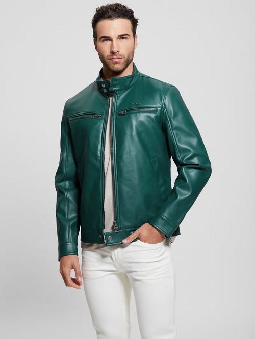 Guess Faux-Leather Biker Jacket Verzi | GUESS-SN30839