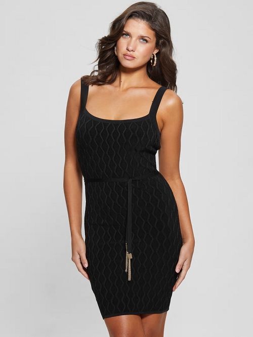 Guess Genna Diamond Knit Sweater Dress Negrii | GUESS-SN26870