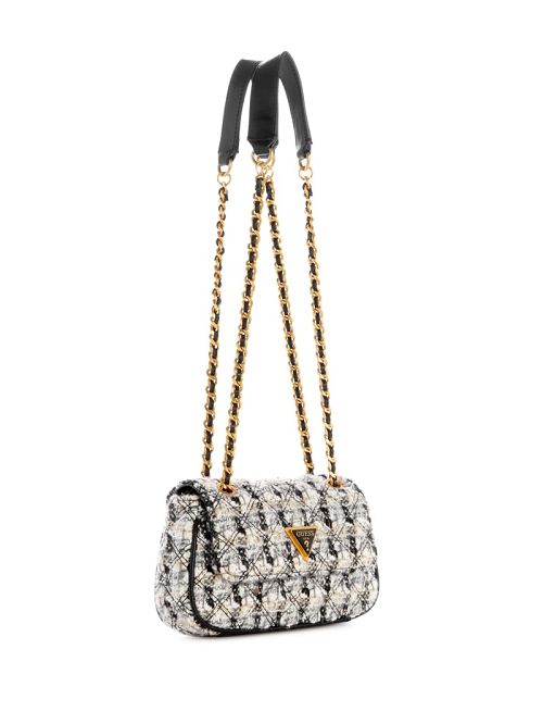 Guess Giully Tweed Mini Convertible Crossbody Negrii Albi | GUESS-SN28828