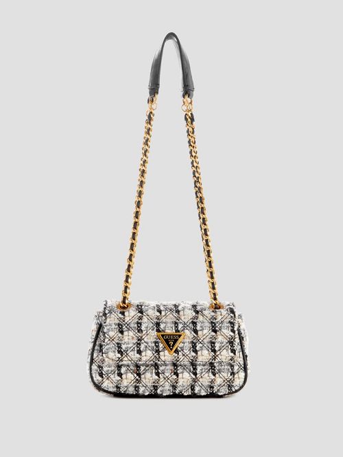 Guess Giully Tweed Mini Convertible Crossbody Negrii Albi | GUESS-SN28828