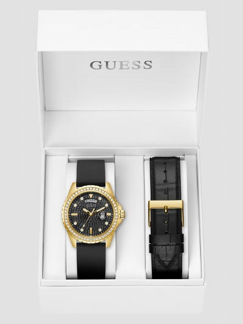 Guess Gold-Tone and Black Crystal Analog Watch with Leather Strap Aurii | GUESS-SN31632